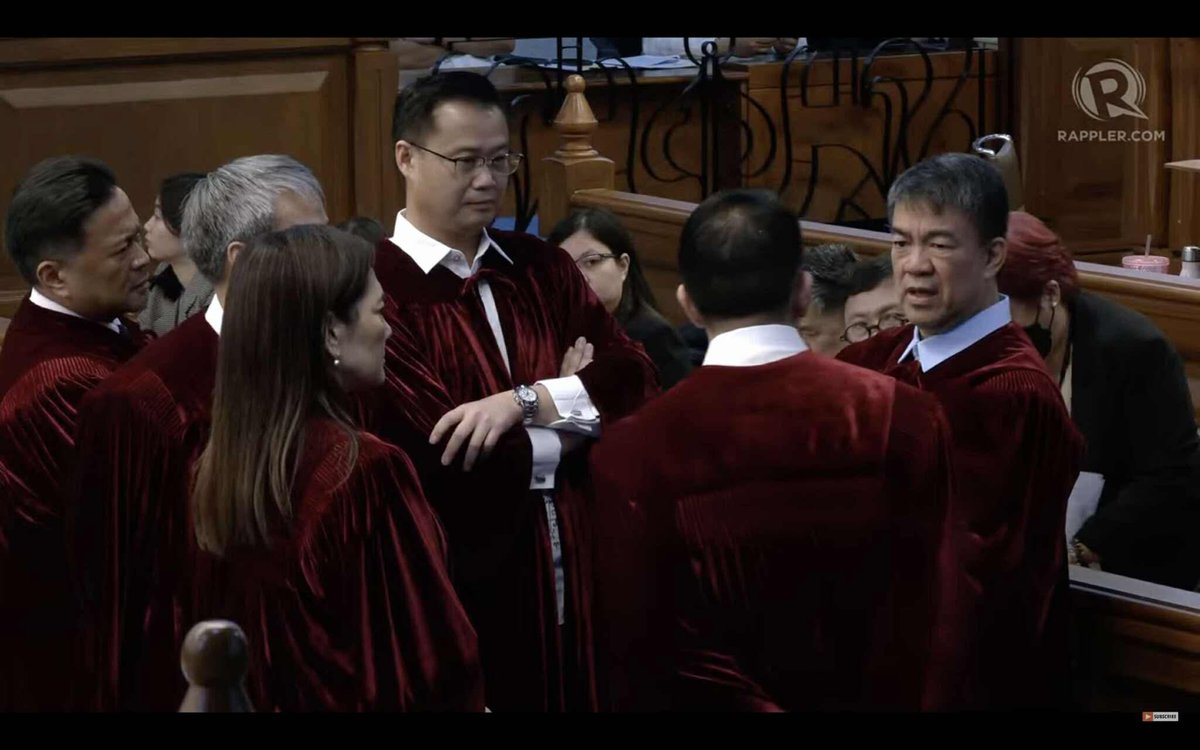 renierbona's tweet photo. It is important to note the demeanors of the senator judges during session suspensions. Their small groups are very telling.

Also, note that @loren_legarda is always on the phone.

Note, too, that @SenImeeMarcos, @Cynthia_Villar, and @tolrobinpadilla are not wearing their robes. https://t.co/GN6v8izep5