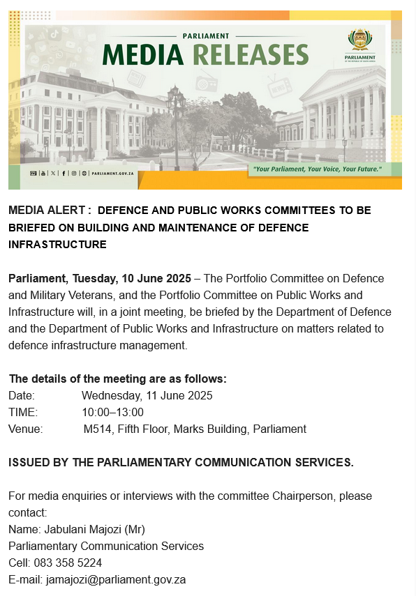 Defence Cluster Parliament of RSA (@defencecluster) on Twitter photo MEDIA ALERT: DEFENCE AND PUBLIC WORKS COMMITTEES TO BE BRIEFED ON BUILDING AND MAINTENANCE OF DEFENCE INFRASTRUCTURE
mailchi.mp/747330d58636/d…
<a href="/ParliamentofRSA/">Parliament of RSA</a> <a href="/HealthSocClust/">Health-and-social-Cluster</a> <a href="/FinanceCluster/">Finance-Cluster</a> <a href="/GovernanceClus1/">Governance-Cluster</a> @CLUST MEDIA ALERT: DEFENCE AND PUBLIC WORKS COMMITTEES TO BE BRIEFED ON BUILDING AND MAINTENANCE OF DEFENCE INFRASTRUCTURE
mailchi.mp/747330d58636/d…
<a href="/ParliamentofRSA/">Parliament of RSA</a> <a href="/HealthSocClust/">Health-and-social-Cluster</a> <a href="/FinanceCluster/">Finance-Cluster</a> <a href="/GovernanceClus1/">Governance-Cluster</a> @CLUST