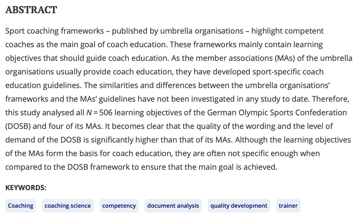 SportsCoachingReview (@sportscoachingr) on Twitter photo ‘Learning objectives for formal coach education – a document analysis with regard to the competence discourse’
Our latest paper from Annalena Möhrle, Sebastian Liebl & Ralf Sygusch’s paper is available <a href="/tandfsport/">Routledge Sport, Leisure, and Tourism</a>;
doi.org/10.1080/216406… ‘Learning objectives for formal coach education – a document analysis with regard to the competence discourse’
Our latest paper from Annalena Möhrle, Sebastian Liebl & Ralf Sygusch’s paper is available <a href="/tandfsport/">Routledge Sport, Leisure, and Tourism</a>;
doi.org/10.1080/216406…
