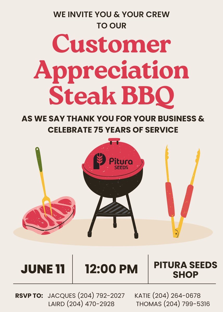 📣 You're Invited! 🥩🔥

Join us for our Customer Appreciation Steak BBQ as we celebrate 75 years of service and say THANK YOU for your continued support!

📍 Pitura Seeds Shop
📅 Tomorrow - June 11th
🕛 12:00 PM

Bring your crew and your appetite — we’ll have the grill going and