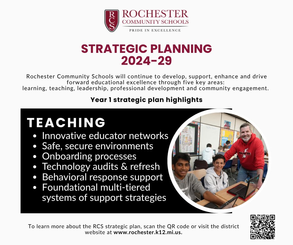 Year 1 strategic plan highlights for TEACHING include: innovative educator networks; safe, secure environments; onboarding processes; technology audits and refresh; behavioral response support and foundational multi-tiered systems of support strategies.  ow.ly/tb2950W6A34