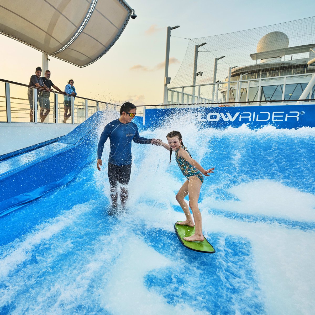Get ready to ride the waves! 🏄‍♂️  Experience the thrill of Royal Caribbean's FlowRider surf simulator and unleash your inner surfer on a 40-foot-long wave. Contact me, David@BrooksCruiseServices.com, to book your next adventure. 🌊 #RoyalCaribbean #FlowRider