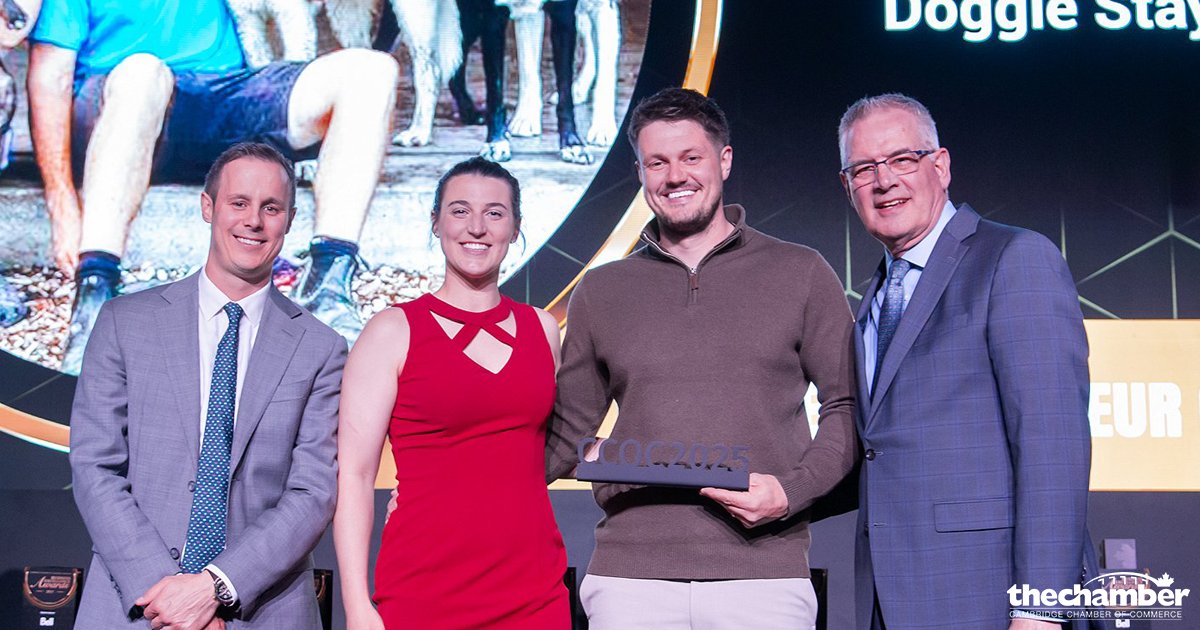 Congratulations to Cole and Kortnie Wigboldus of Doggie Stay N Play for taking home the Young Entrepreneur of the Year award at our recent Business Excellence Awards. Click tinyurl.com/49dxu2es to learn more. #cambcoc #business