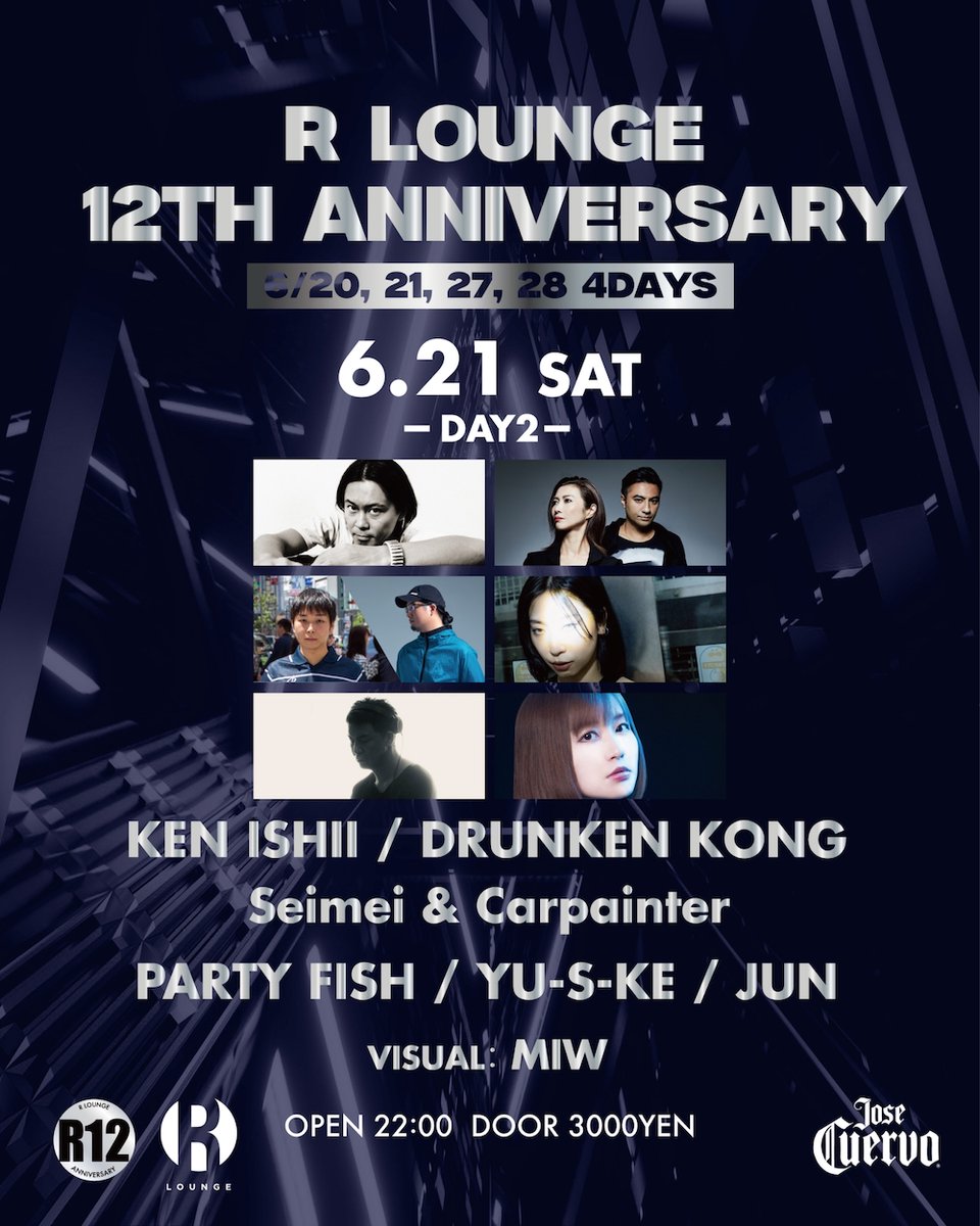 R LOUNGE 12TH ANNIVERSARY DAY2

2025.6.21(SAT)

Lineup:
KEN ISHII
DRUNKEN KONG
Seimei &amp; Carpainter
PARTY FISH
YU-S-KE
JUN

VISUAL:
MIW

ADVANCE TICKETS:
t.livepocket.jp/e/isoug

OPEN 22:00
ENTRANCE ￥3,000
ADVANCE TICKET ￥ 2,300
GENRE：TECHNO