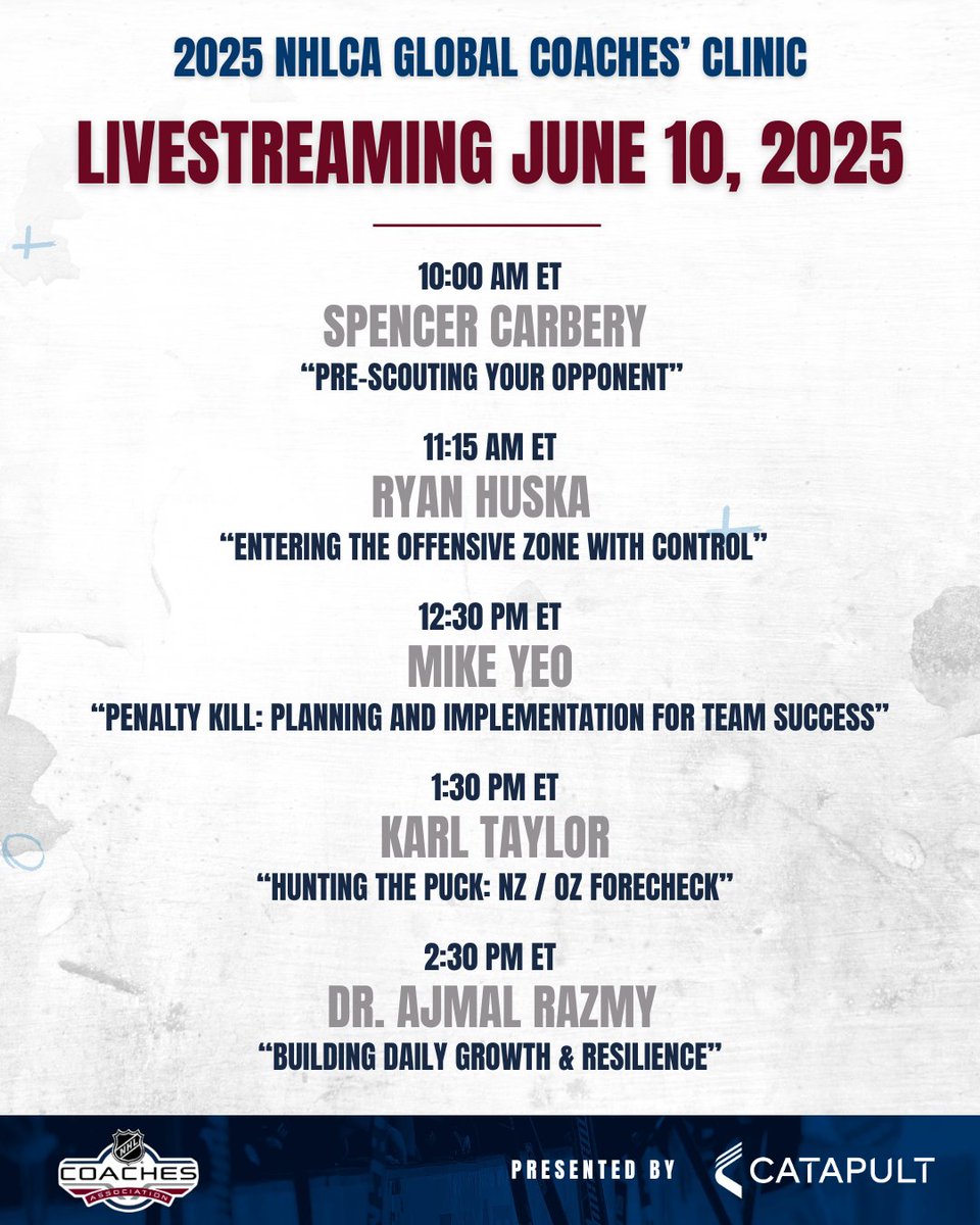 Day 1 of the 2025 NHLCA Global Coaches' Clinic is stacked!

Today's lineup dives into systems, strategy, lots of X&amp;O's, and how to stay resilient.

It's not too late to register. Visit nhlcaclinic.com and join us online!

#NHLCAClinic | Presented by <a href="/catapultsports/">Catapult</a>
