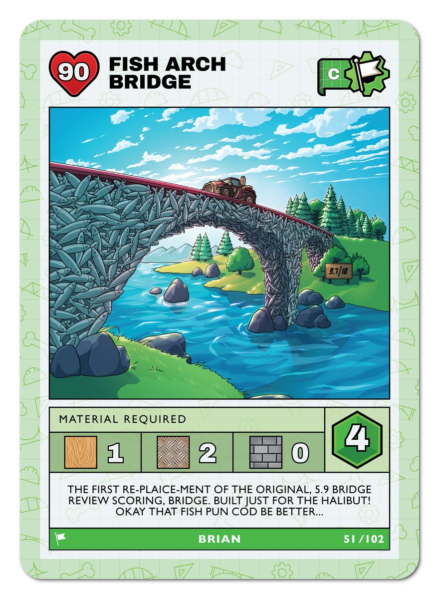 Every day I'm revealing a card from my still unannounced but not so super secret trading card game that I am releasing to celebrate 5 YEARS of my channel! Today's reveal is here on Twitter (obviously!)

This is an objective card, the Fish Arch Bridge from my Hydroneer series!