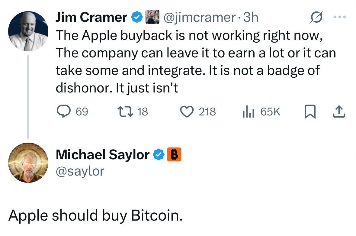 🚨 Michael Saylor propose une solution simple à Apple dont la stratégie de buyback « ne fonctionne pas », selon Jim Cramer.

« Apple devrait acheter du Bitcoin. »