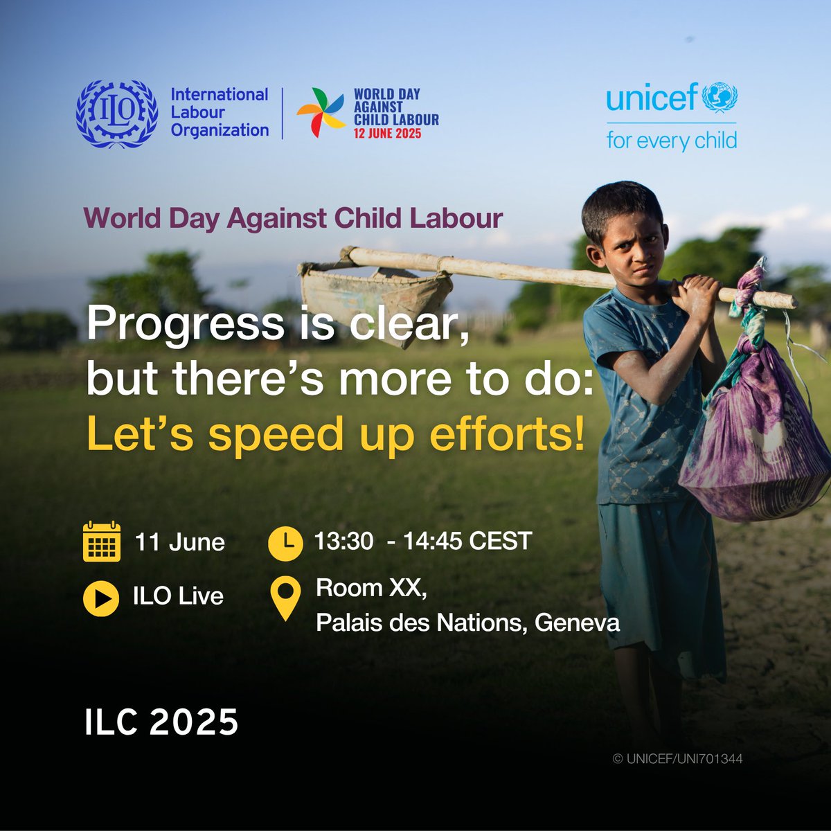 📢 Join us for the World Day Against Child Labour event at #ILC2025!

🗓️ 11 June

🕝 13:30–14:45 CEST

📍 Room XX, Palais des Nations, Geneva

📺 Live on ILO Live

Progress is clear—but there’s more to do. Let’s speed up efforts!

🔗bit.ly/3SLXuhJ

#EndChildLabour