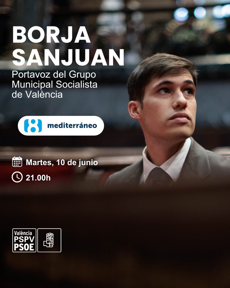 📺 Esta noche, a partir de las 21h, el portavoz del Grupo Municipal Socialista, <a href="/borsanro/">Borja Sanjuan Roca</a>, estará en #ElFaroLa8 de <a href="/la8mediterraneo/">La 8 Mediterráneo</a>, para debatir sobre distintos temas de actualidad política.

🔴 Puedes seguirlo en directo en laocho.tv/tv-en-directo/