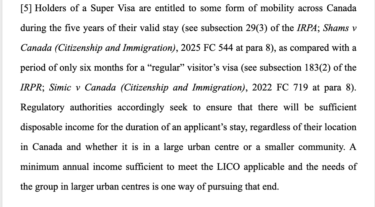 ImmigrateMb's tweet image. In dismissing the judicial review of a refused Super Visa application for foreign nationals  because the host did not meet the LICO, the court teaches us the purpose and intent for the LICO a the final and the penultimate paragraph of the decision. 

#supervisa #refusal #canada