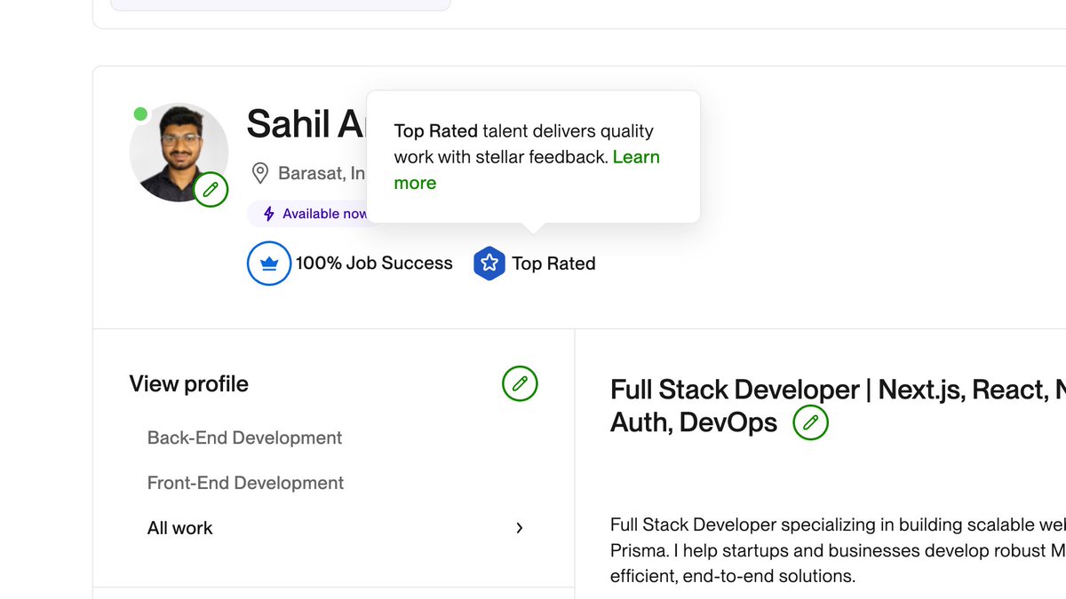 iSahilAnsari's tweet image. Lost my Top Rated badge on Upwork in Sep 2024 due to a bad client experience.

Got it back last night.

Months of consistent work, solid delivery, and showing up even when it was tough.

#FreelanceLife #WebDev #freelancer #remotejob