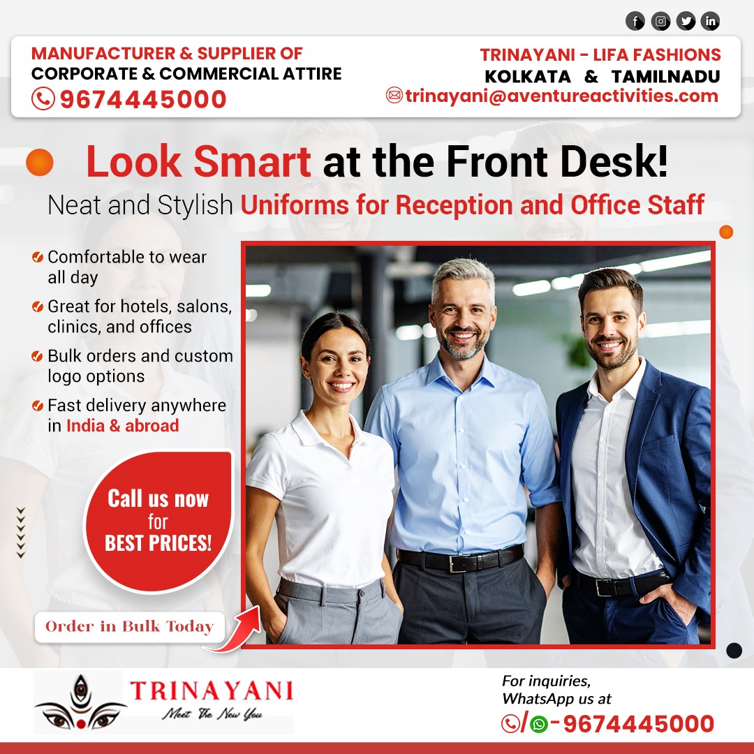 trinayani2025's tweet image. 🙄 Uniforms looking outdated?

Trinayani offers premium reception uniforms designed for comfort and class.

Great for hotels, salons, and front desks. Bulk deals + logo options!

#OfficeUniforms #ReceptionStyle #WorkwearIndia #UniformsWithLogos #Trinayani