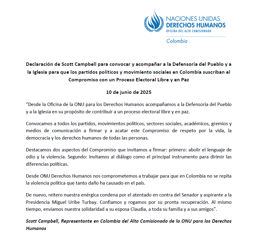 ONU Derechos Humanos Colombia (@onuhumanrights) on Twitter photo 1/Convocamos a todos los partidos, movimientos políticos, sectores sociales, académicos, gremios y medios de comunicación a firmar y a acatar este Compromiso de respeto por la vida, la democracia y los derechos humanos de todas las personas: Scott Campbell <a href="/DefensoriaCol/">Defensoría del Pueblo</a> 1/Convocamos a todos los partidos, movimientos políticos, sectores sociales, académicos, gremios y medios de comunicación a firmar y a acatar este Compromiso de respeto por la vida, la democracia y los derechos humanos de todas las personas: Scott Campbell <a href="/DefensoriaCol/">Defensoría del Pueblo</a>