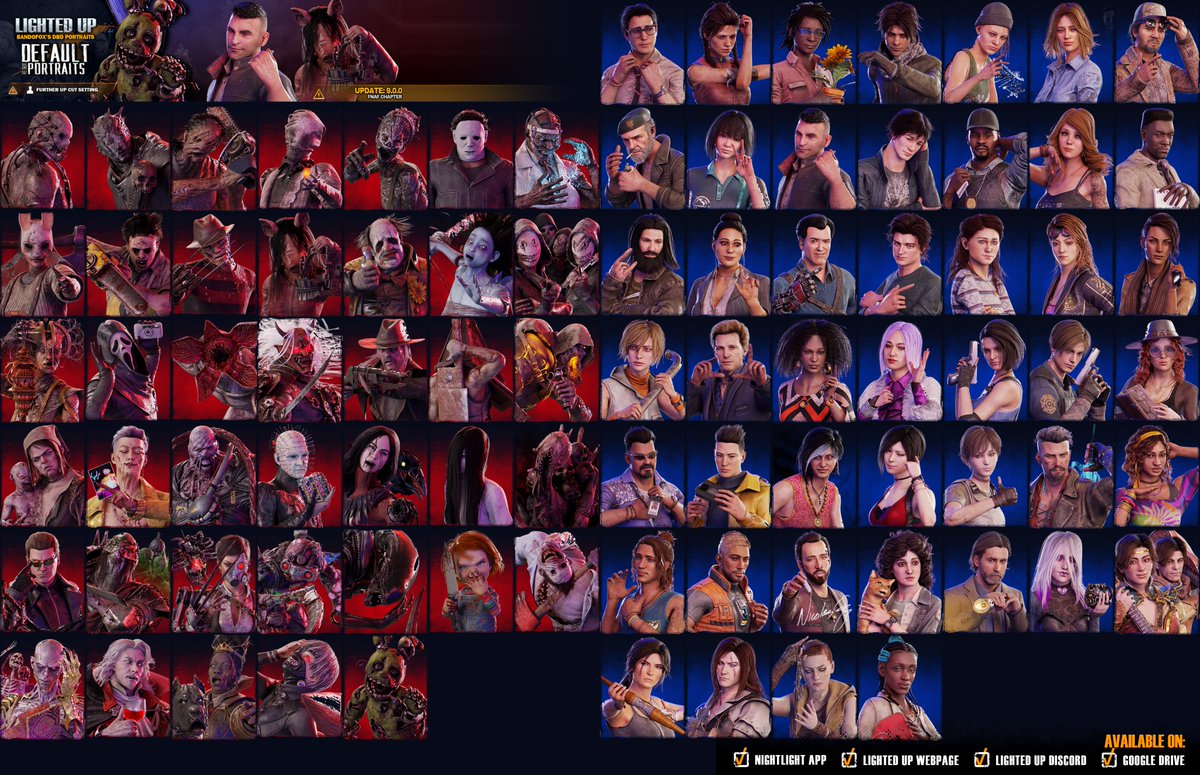 BandoFoxDBD's tweet photo. Lighted Up Portraits' biggest update yet 🤠
For the first year of work anniversary:
- Default &amp; Prestige REDUX, remaking every single character portrait to my current standards
- Lighted Up Render Library, containing almost every render made for public usage

Links in bio 🤠🦊 https://t.co/YHwrXHYsel