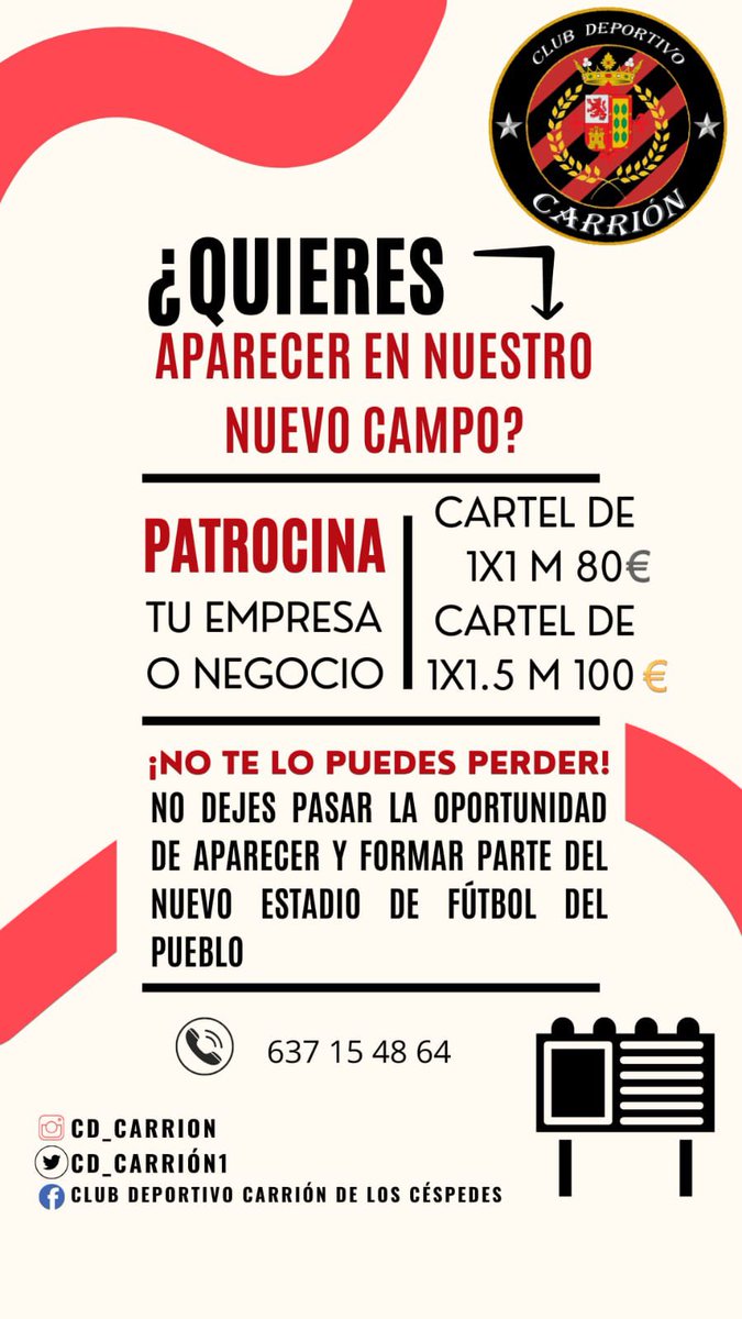 CD_Carrion1's tweet photo. A partir de hoy si quieres aparecer en el nuevo campo de fútbol del pueblo solo tienes que contactar con nosotros.
No dejes pasar la oportunidad y forma parte del campo patrocinando tu negocio o empresa. 
Te esperamos 😉😎
#CDCarrion #nuevaera https://t.co/pb5WFPjveM