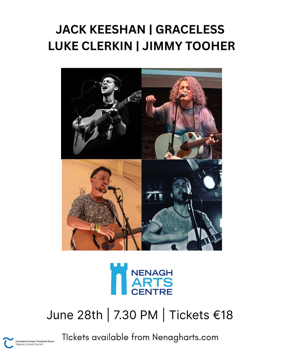 Meet four Irish artists on the rise! Graceless, Jack Keeshan, Luke Clerkin and Jimmy Tooher will soon take to the Nenagh Arts Centre for a night of original music, storytelling and songwriting.
📅 June 28th
⏰ 7:30pm
🎟️ €18, available at nenagharts.com or 067 34400!