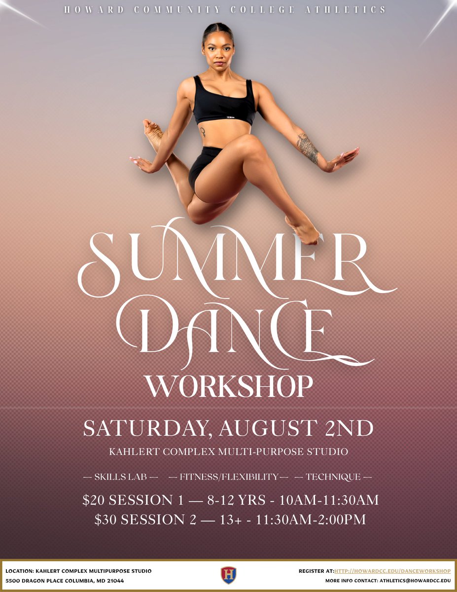 HCC Athletics is excited to host a dance workshop, ran by HCC Dance Coach, Devinne Cook (@dancewithdevinne ) on Saturday August 2nd.  

To register, visit howardcc.edu/danceworkshop