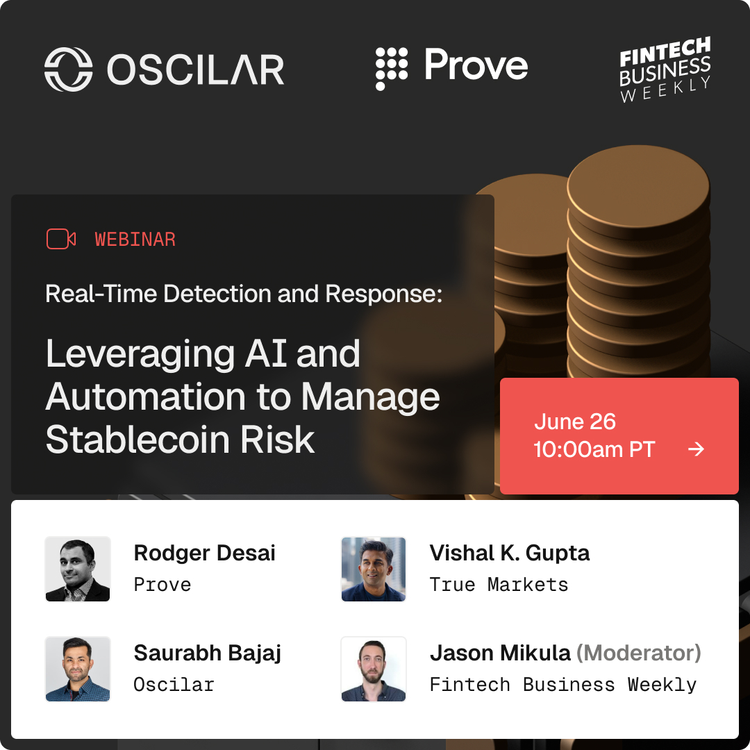 While traditional banking works 9-5, stablecoins operate 24/7/365. This creates unique fraud detection and compliance challenges that require real-time AI solutions.

Join our webinar on June 26th at 10:00 AM PT: "Real-Time Detection and Response: Leveraging AI and Automation to