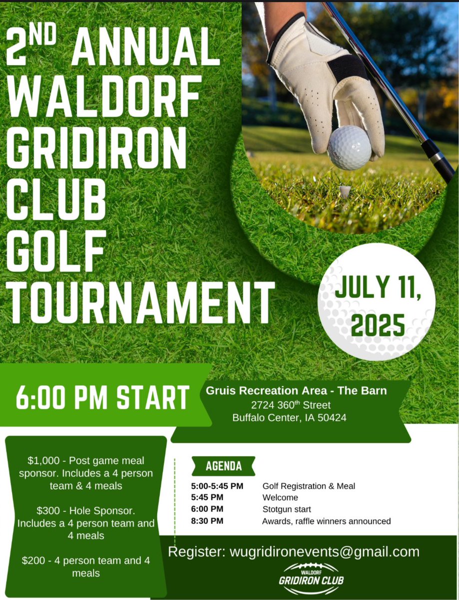 Waldorf Gridiron Club (@waldorfgridiron) on Twitter photo Officially down to just 1 team opening. Act now!
We are still accepting raffle prize and hole prize donations. Wugridironevents@gmail.com Officially down to just 1 team opening. Act now!
We are still accepting raffle prize and hole prize donations. Wugridironevents@gmail.com