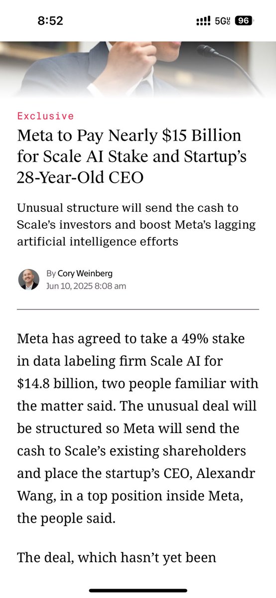 lauramandaro's tweet image. Scoop via @coryweinberg , who has details on Meta’s stake in Scale, which looks to be another take on last year’s popular AI acquihire structure
theinformation.com/articles/meta-…