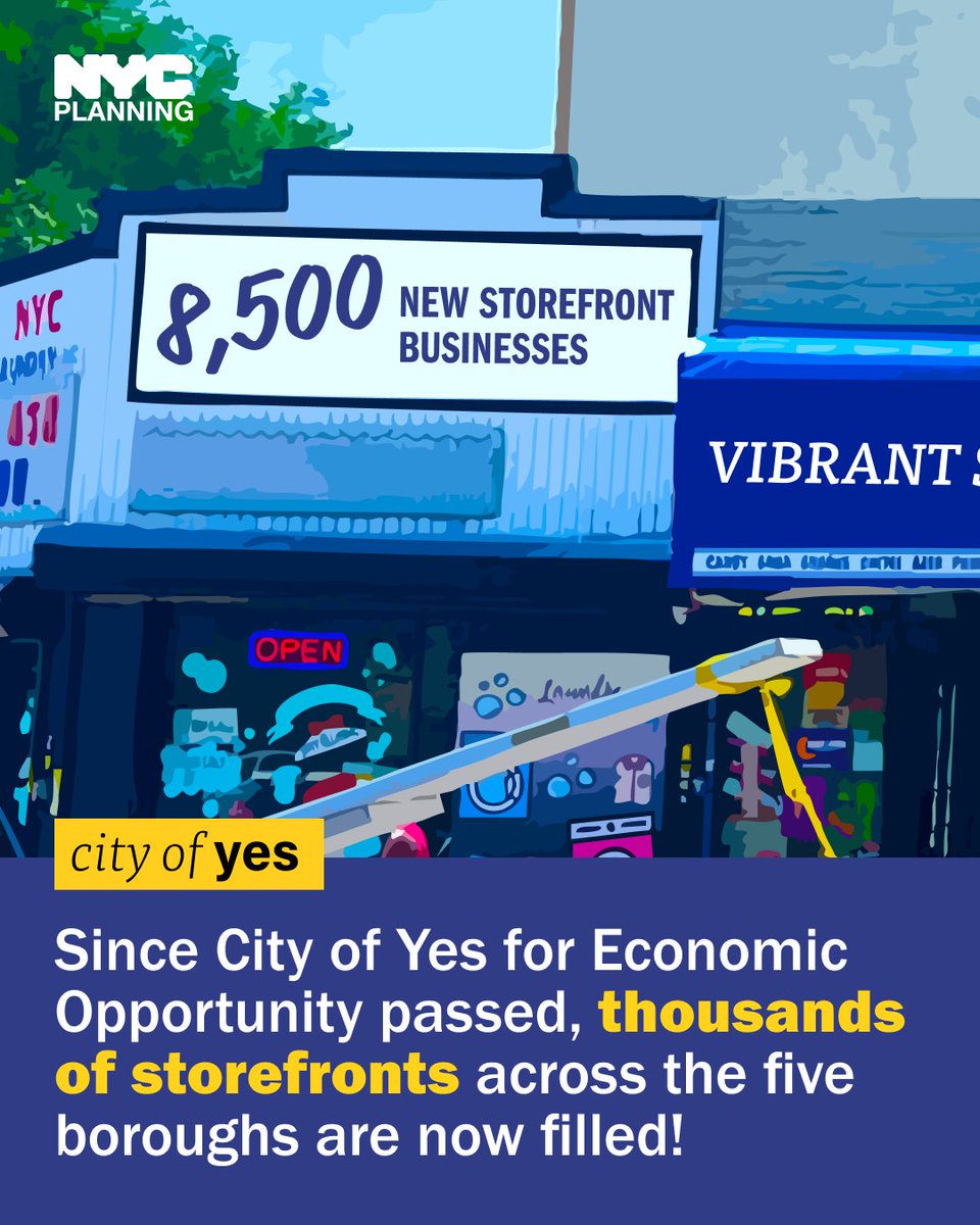 NYC is open for business!

More than 8,500 new storefront businesses have opened since we updated commercial zoning with City of Yes for Economic Opportunity one year ago — creating a stronger economy and more vibrant neighborhoods. 🧵