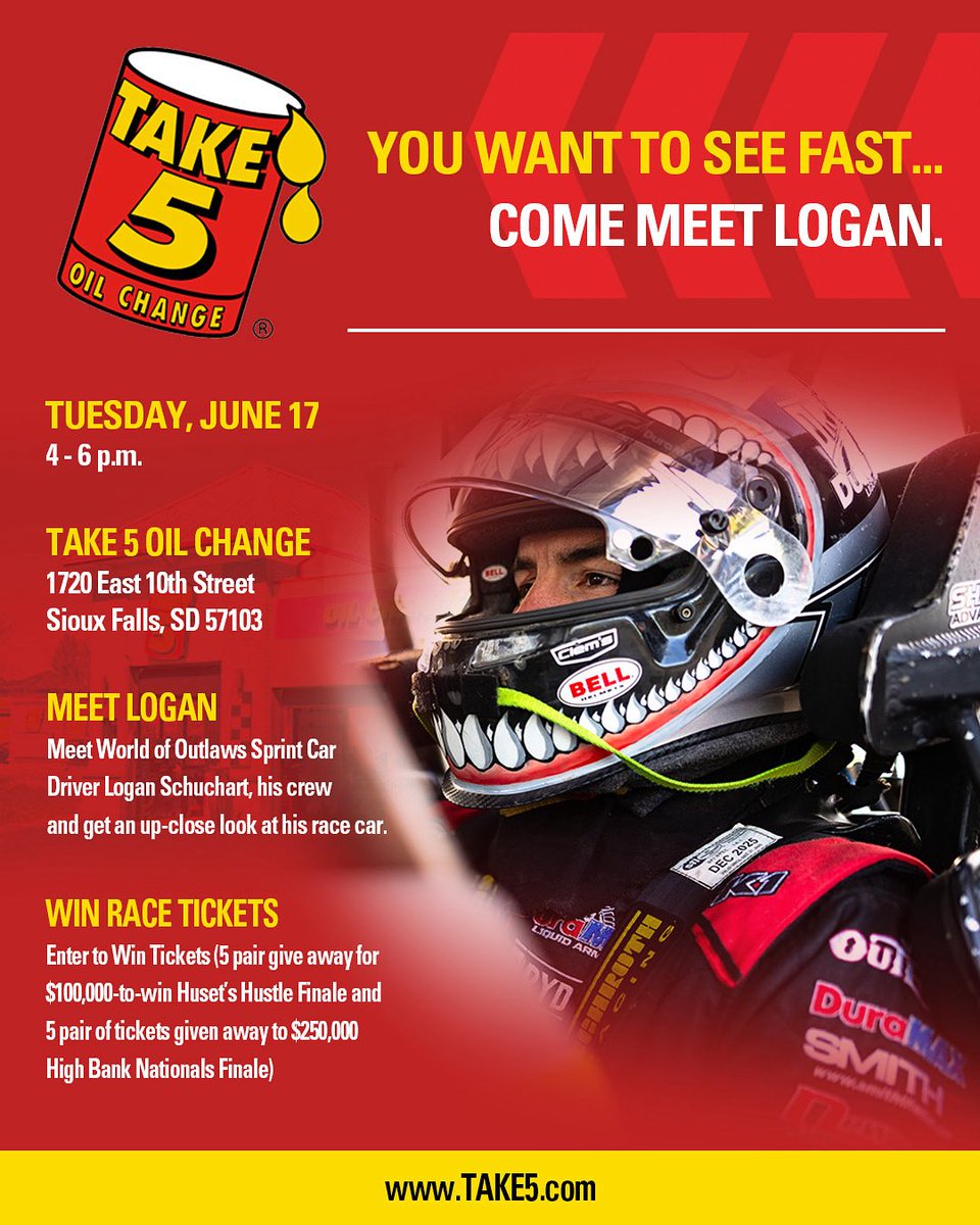 Logan Schuchart (@lschuchart1s) on Twitter photo Hey Sioux Falls Fans, we have something special for you! Come out to the <a href="/Take5_OilChange/">Take 5 Oil Change</a> at 1720 East 10th St., meet me and take a look at my <a href="/WorldofOutlaws/">World of Outlaws</a> sprint car! Then enter to win tickets to <a href="/HusetsSpeedway/">Huset's Speedway</a>’s $100k to win Husets Hustle and 250k to win HighBank Nationals! Hey Sioux Falls Fans, we have something special for you! Come out to the <a href="/Take5_OilChange/">Take 5 Oil Change</a> at 1720 East 10th St., meet me and take a look at my <a href="/WorldofOutlaws/">World of Outlaws</a> sprint car! Then enter to win tickets to <a href="/HusetsSpeedway/">Huset's Speedway</a>’s $100k to win Husets Hustle and 250k to win HighBank Nationals!