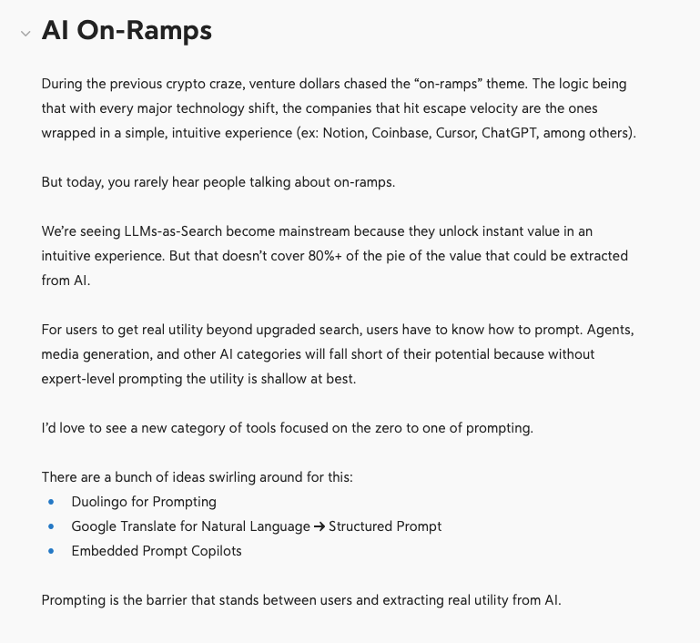Prompting needs its “so easy a caveman could do it” moment.

Until AI products are built as true on-ramps, growth will hit a ceiling.

Users just want outcomes without the prompt barrier.