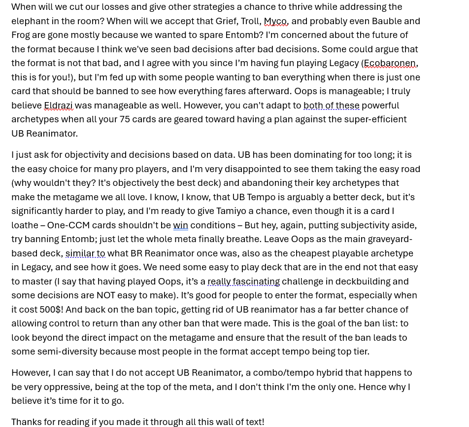 Fake_Futurism's tweet image. Was inspired (and angry at some tweets) today and felt like I'd waste an hour writing a wall of text on why Legacy banlist is being handled very poorly right now.
The answer is just wotc doesn't care but I still hope somewhere, somehow, it will get better.
GL for reading 😅