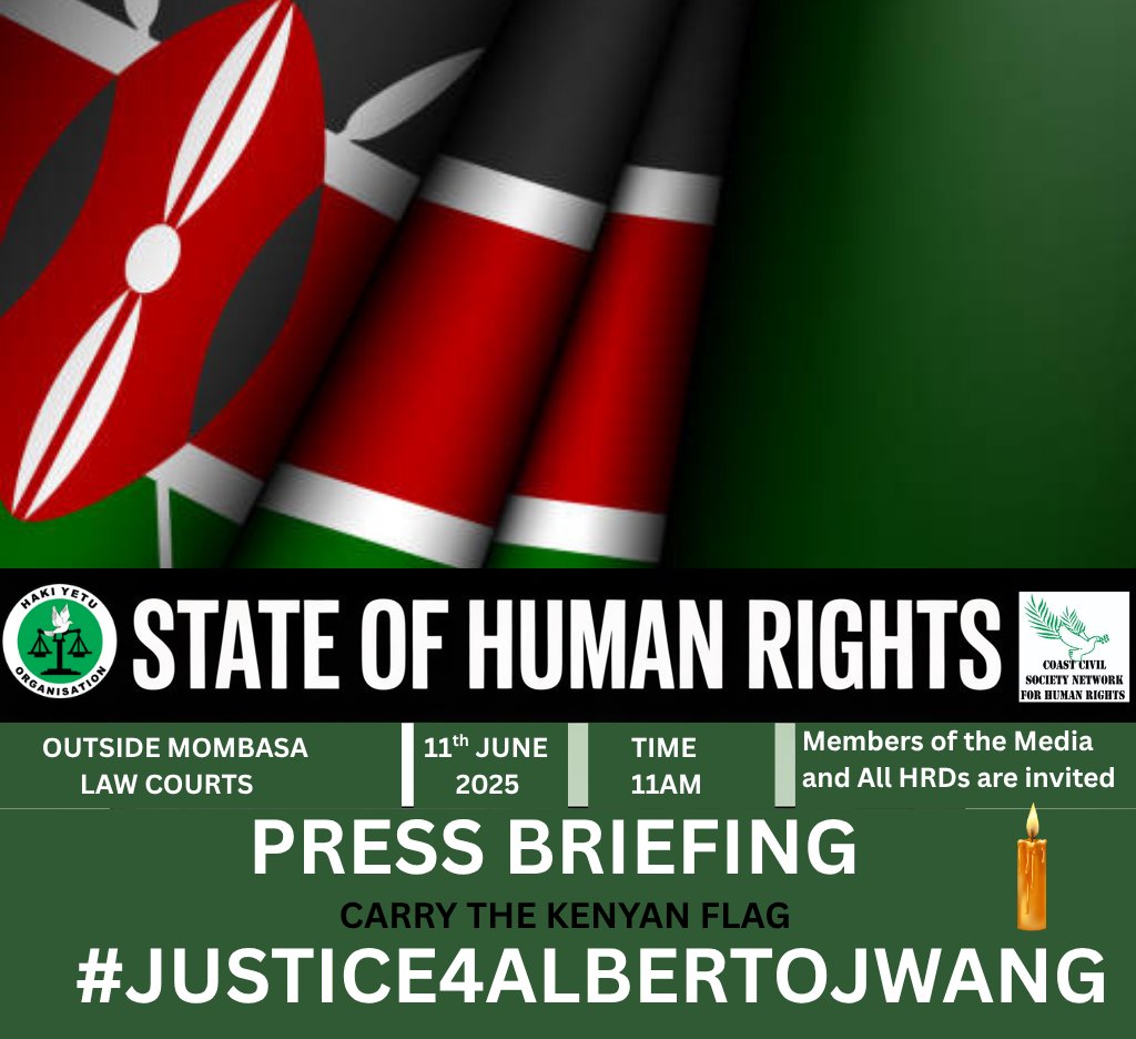 🚨 MEDIA INVITE 🚨 
Join us TOMORROW, June 11th, at 11 AM outside Mombasa Law Courts  for a Press Brieifing on the state of human rights in Kenya. All HRDs &amp; Media are welcome. #Justice4AlbertOjwang #HumanRights #HRDs #PoliceBrutality #KenyaHumanRights