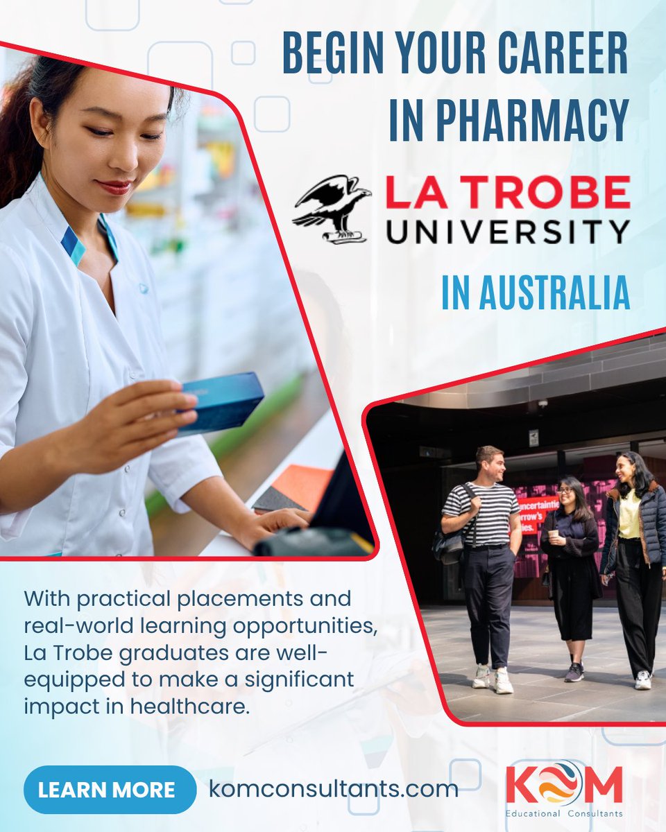 Kickstart your #pharmacy career at <a href="/latrobe/">La Trobe University</a>, #Australia! 🇦🇺
The Bachelor of Pharmacy (Honours) is renowned for excellence in clinical services and medication safety.
Gain vital skills in drug development and disease management. Apply today! 🔬👩‍⚕️ komconsultants.com/courses/pharma…