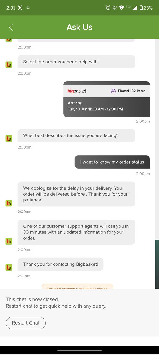 namratasingh12's tweet photo. @bigbasket_com 
Order no#1715485114-20250609. Delivery date 10th June 2025,time slot 11.30 am to 12.30pm. Order not received. No communication from your end. I have enquired through chat but no positive response. Was promised to call back twice but one called. Such poor service. https://t.co/12L3v79PK9