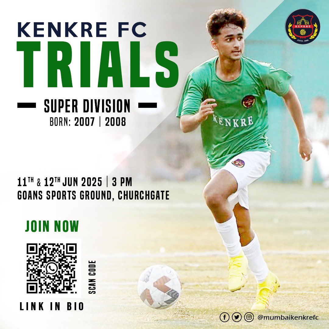 Under 19 Team Trials : Scan Code for Details

# Report directly at the Venue

#trials #mumbai #kenkrefc #thane #maharashtra #youthfootball #mumbaifootball #navimumbai #football #trials #footballtrials