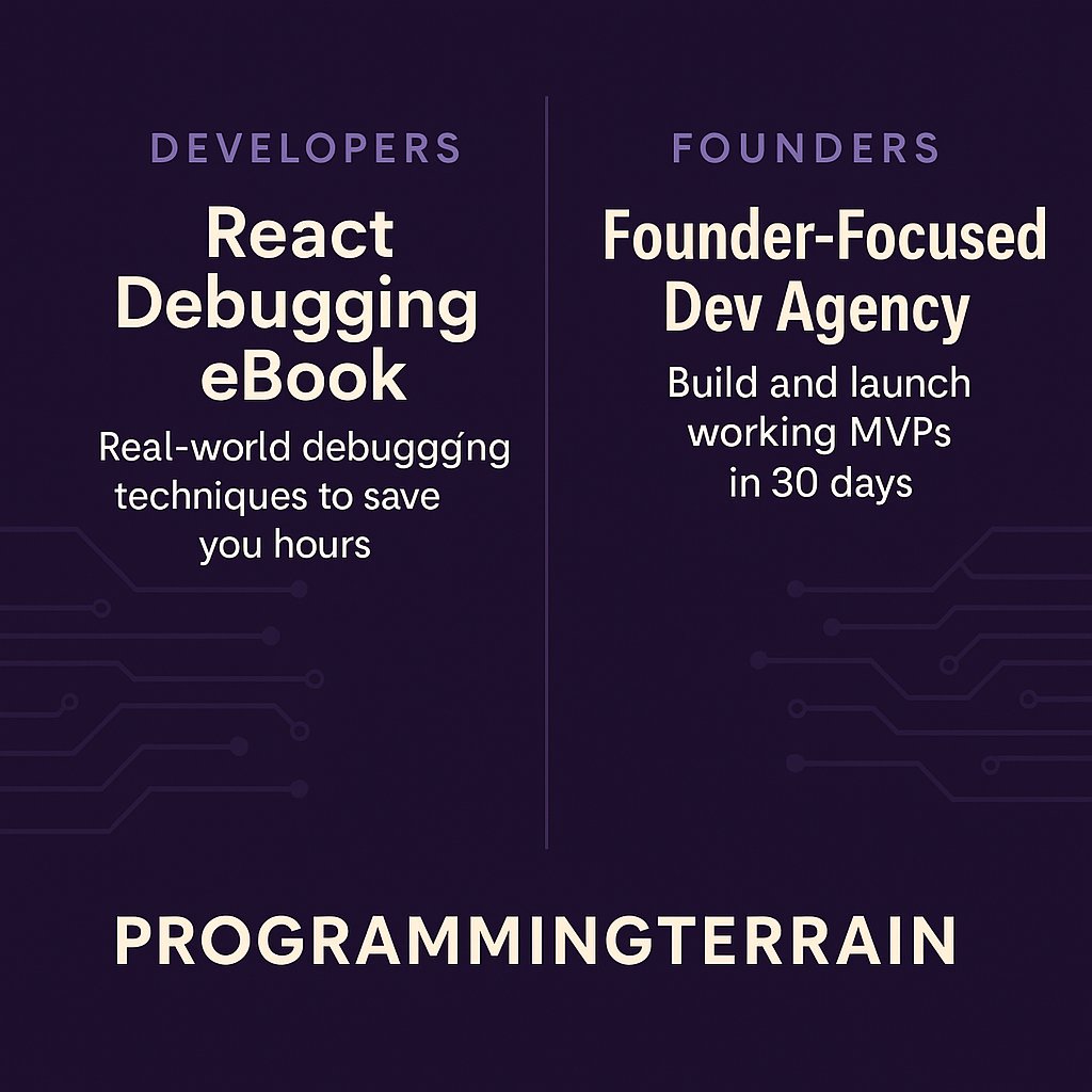 Pgramingterrain's tweet photo. Most devs are stuck in debugger hell. 
Most founders are stuck in an MVP dev hell.

I'm fixing both.

Tired of wasting hours debugging React?
Or worse—waiting months to build your MVP?

Follow the thread below👇
#WebDesign #webdevelopment #SoftwareDevelopment #ebook #devresources https://t.co/0GVFSrq3EA