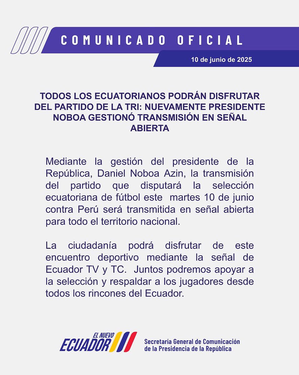 ⚽️📺 La <a href="/Presidencia_Ec/">Presidencia Ecuador 🇪🇨</a> anunció que el partido de #LaTri 🇪🇨 vs Perú será transmitido en Señal Abierta por <a href="/EcuadorTV/">EcuadorTV</a>  y <a href="/tctelevision/">TC Televisión</a> a las 20h30 pm.

#Eliminatorias2026 #Ecuador #Peru
                    instagram.com/p/DKuLDxQMGyw/…