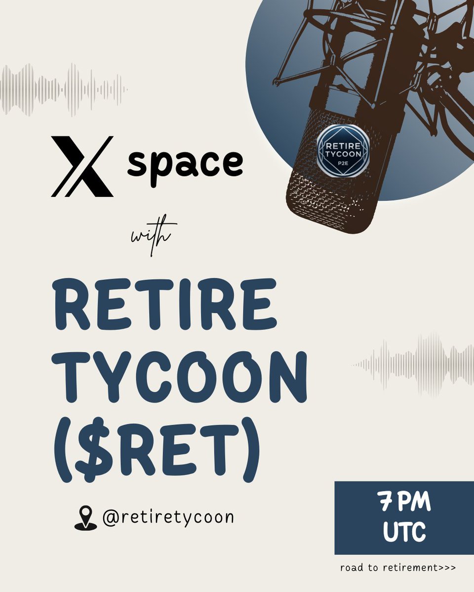 We will host our First Space on X tonight at 7pm UTC.

We are looking forward to meeting you all,
Road to Retirement Begins with You.

$RET #BNBChain #BNB100K
