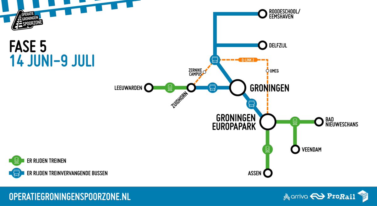 ⚠️ Let op: vanaf zaterdag 14 juni krijgen ook de treinreizigers op de trajecten vanuit Leeuwarden, Delfzijl en Roodeschool/Eemshaven te maken met de werkzaamheden rond station Groningen.

Meer info: operatiegroningenspoorzone.nl