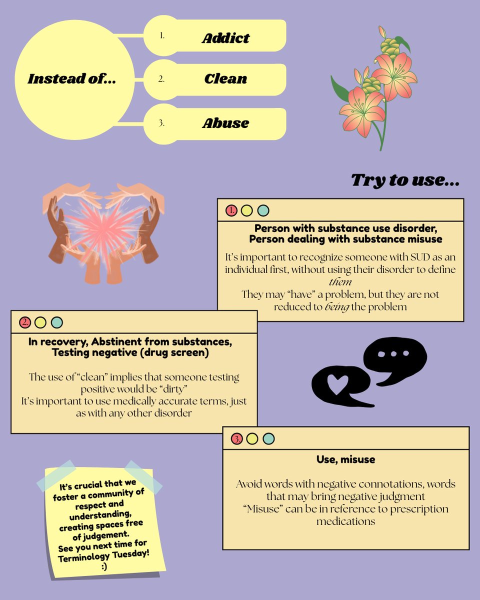 Some words to keep in mind when aiming to destigmatize SUD. 🌸
"Protest any labels that turn people into things. Words are important. If you want to care for something, you call it a 'flower' ; If you want to kill something, you call it a 'weed'." [Don Coyhis] 🌻