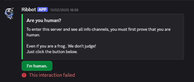 42069_Jay's tweet photo. @froganasnft Why cant I verify on the discord? :( 

I promise I am not a robot https://t.co/9zDXztPDyS