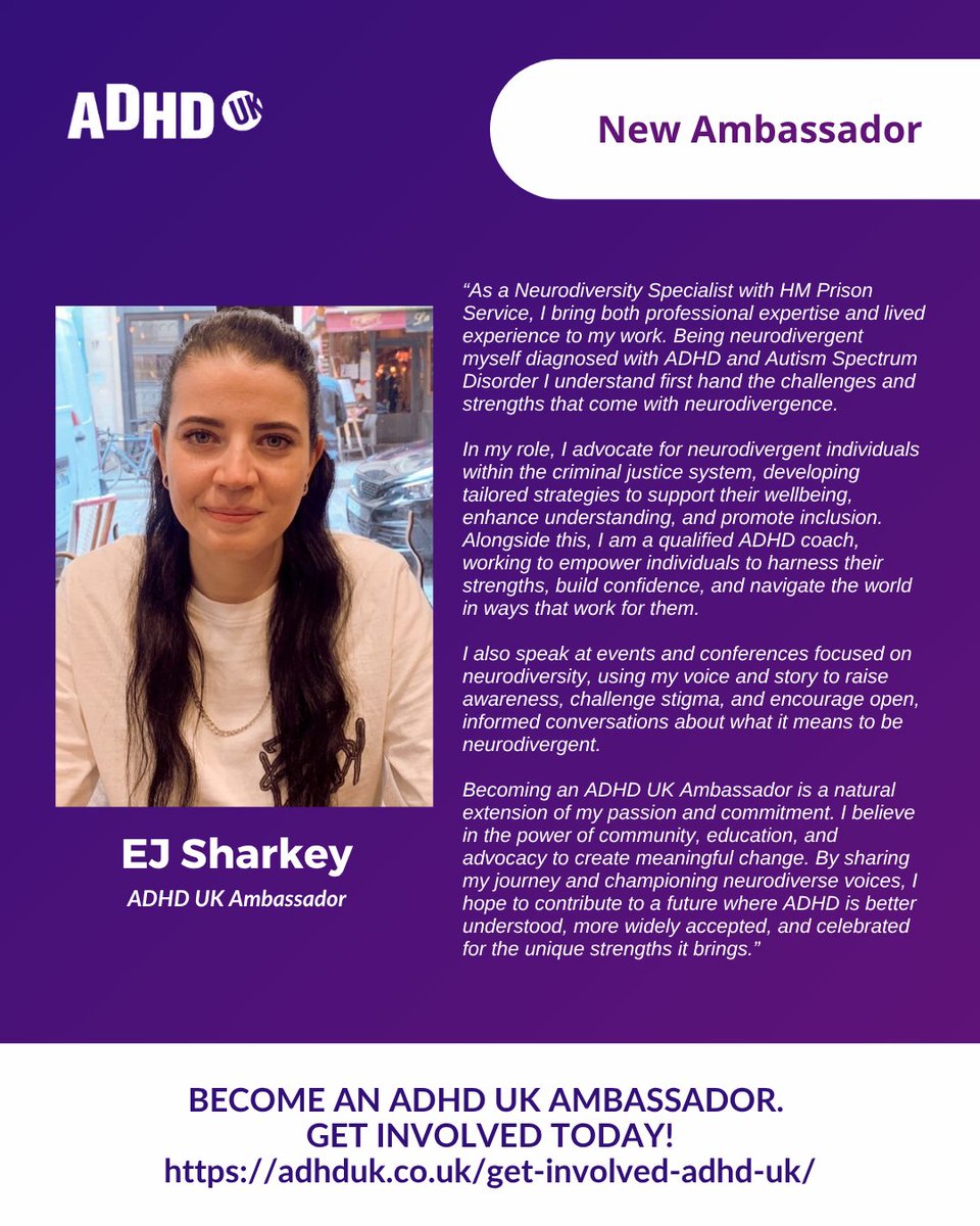 We're thrilled to introduce our new ADHD UK Ambassador, EJ Sharkey! 🎉

As a Neurodiversity Specialist with HM Prison Service and a qualified ADHD coach, EJ brings invaluable professional expertise and powerful lived experience as someone diagnosed with both ADHD and Autism.

Her