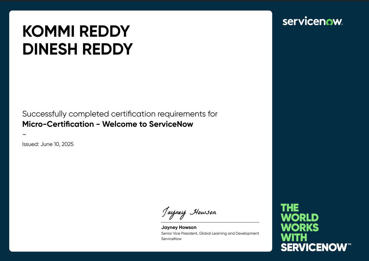 Dineshreddy2624's tweet image. Thrilled to announce I&apos;ve earned my ServiceNow &apos;Welcome to ServiceNow&apos; Micro-Certification! 🚀 This foundational course boosted my understanding of the platform, ITSM, and digital transformation. Excited to build on this knowledge! #ServiceNow #MicroCertification #NowLearning