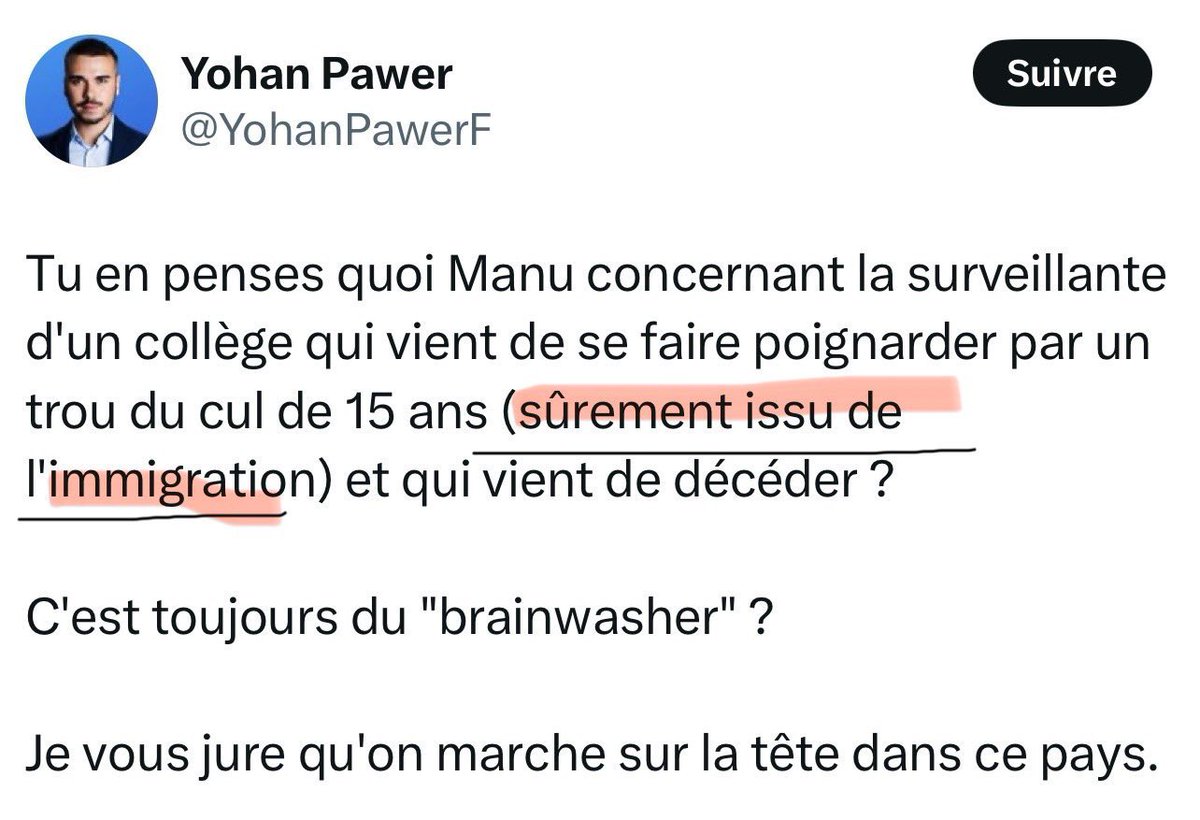 Cory Le Guen ⏚ (@coryleguen) on Twitter photo Pourquoi u as supprimé <a href="/YohanPawerF/">Yohan Pawer</a> ?
Parce que l’assaillant présumé s’appelle Quentin ?
Du coup, Mélanie, la victime, n’a plus le droit à un hommage de ta part ?
Pauvre raciste dégénéré. Pourquoi u as supprimé <a href="/YohanPawerF/">Yohan Pawer</a> ?
Parce que l’assaillant présumé s’appelle Quentin ?
Du coup, Mélanie, la victime, n’a plus le droit à un hommage de ta part ?
Pauvre raciste dégénéré.