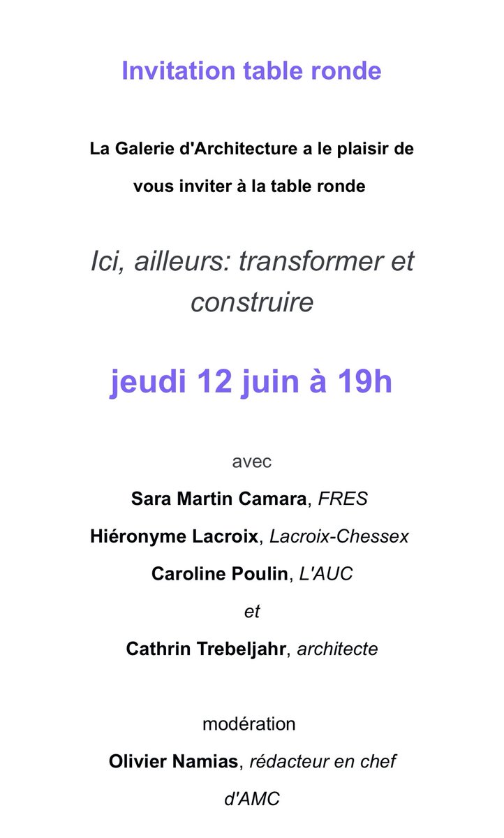 TABLE RONDE !!
 
« Ici, ailleurs: transformer et construire »
 
JEUDI 12 JUIN À 19H
 
avec
Sara Martin Camara, FRES 
Hiéronyme Lacroix, Lacroix-Chessex 
Caroline Poulin, L’AUC
et
Cathrin Trebeljahr, architecte
 
modération 
Olivier Namias, rédacteur en chef d’AMC