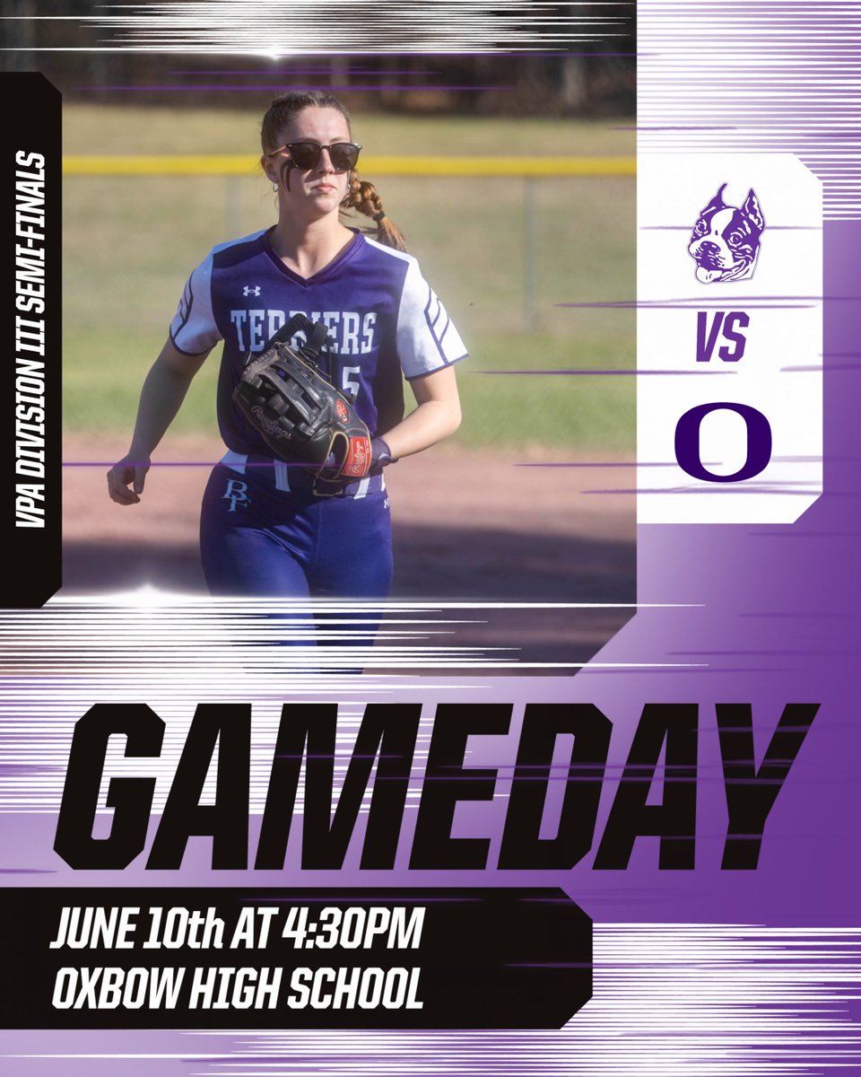 GAMEDAY – VPA D3 Softball Semifinals
It’s a championship rematch! 🥎

#5 Bellows Falls Softball travels to #1 Oxbow for a showdown with the Olympians. Winner punches their ticket to Saturday’s title game in Castleton!

🕟 4:30 PM
📍 Oxbow High School

#BleedPurple
