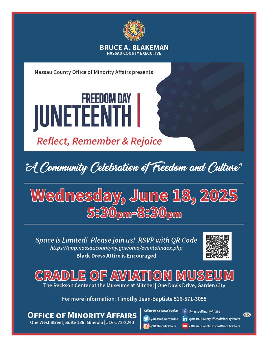 Nassau County, we are just DAYS AWAY from this year's annual Juneteenth celebration held at the Cradle of Aviation Museum. This year, we'll honor our past and celebrate our strides as we look to the future.

Space is limited! Register: app.nassaucountyny.gov/oma/events/ind…