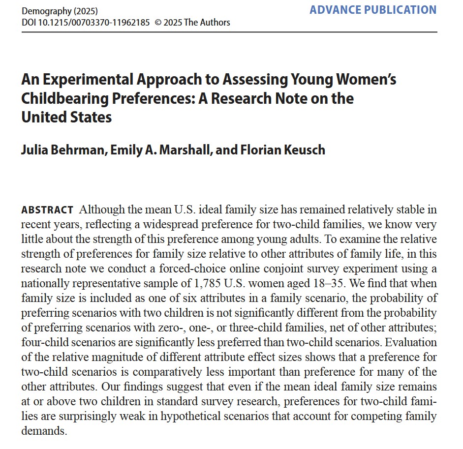 Demography Journal (@readdemography) on Twitter photo In “An Experimental Approach to Assessing Young Women’s Childbearing Preferences,” Behrman et al. find that “the strength of the preference for 2 children is relatively weak compared w/ prefs about other dimensions of family life.” <a href="/IPRatNU/">Institute for Policy Research at Northwestern</a> <a href="/FandMCollege/">Franklin & Marshall</a> ow.ly/8Qh050W6Yxs In “An Experimental Approach to Assessing Young Women’s Childbearing Preferences,” Behrman et al. find that “the strength of the preference for 2 children is relatively weak compared w/ prefs about other dimensions of family life.” <a href="/IPRatNU/">Institute for Policy Research at Northwestern</a> <a href="/FandMCollege/">Franklin & Marshall</a> ow.ly/8Qh050W6Yxs