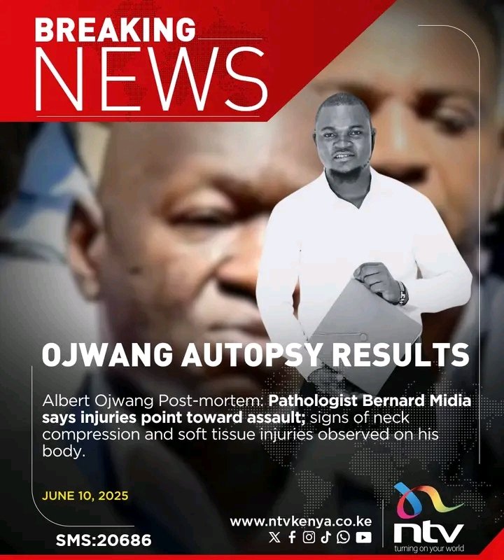 Slain teacher Albert Omondi Ojwang died out of head and neck injuries consistent with assault, autopsy on his body shows; Ojwang was killed, pathologists conclude