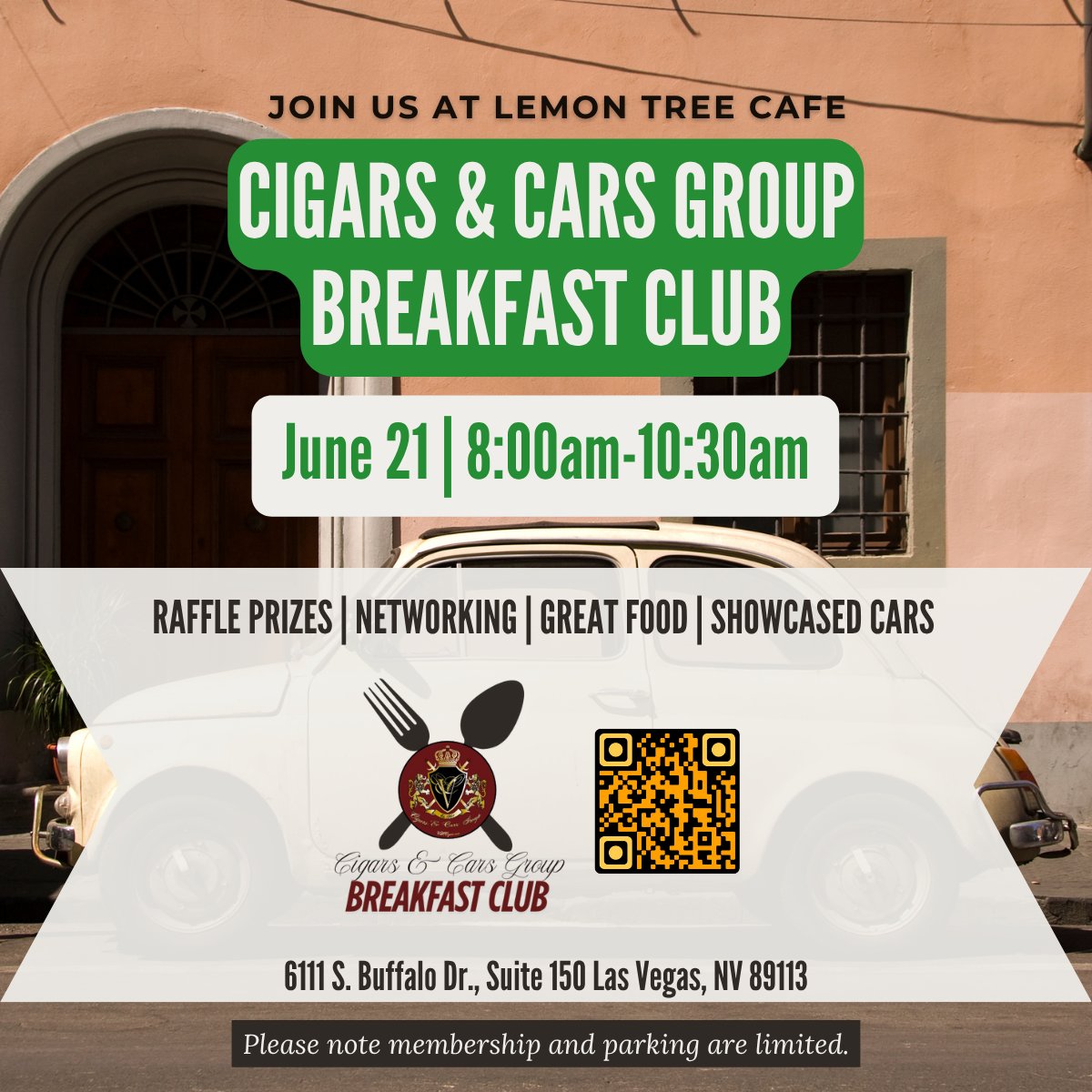 CigarsCarsGroup's tweet photo. Join Us on June 21st. Networking at it's Finest.  Please Join Us, It's Free to Attend. #CigarsandCarsGroup #powernetworking #food #cars #cigars #lemontreecafe #lasvegas #Foodie https://t.co/HeTbIVHXm9
