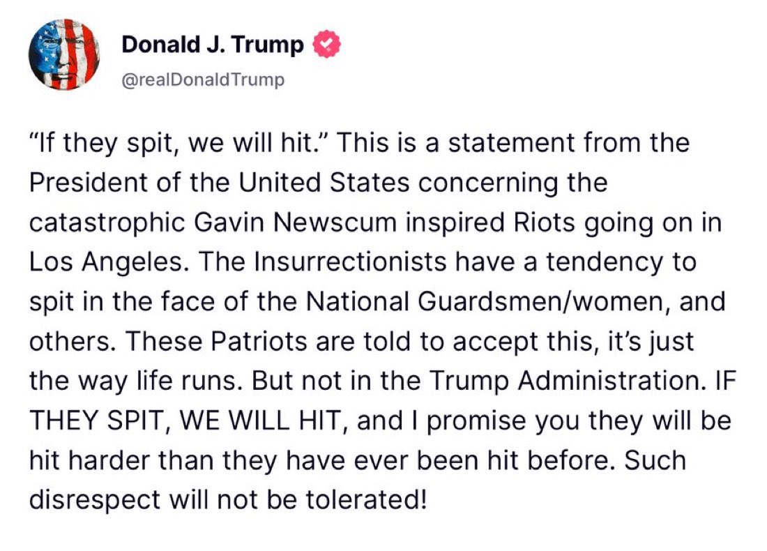 Trump: Illegals are being deported.
Democrats: Leave our illegals alone.
California illegals : rioting, looting, burning, assaulting.
Trump: Bring in the Military.
Democrats: It’s trumps fault our illegals are rioting.
Trump: 👇👇👇💥