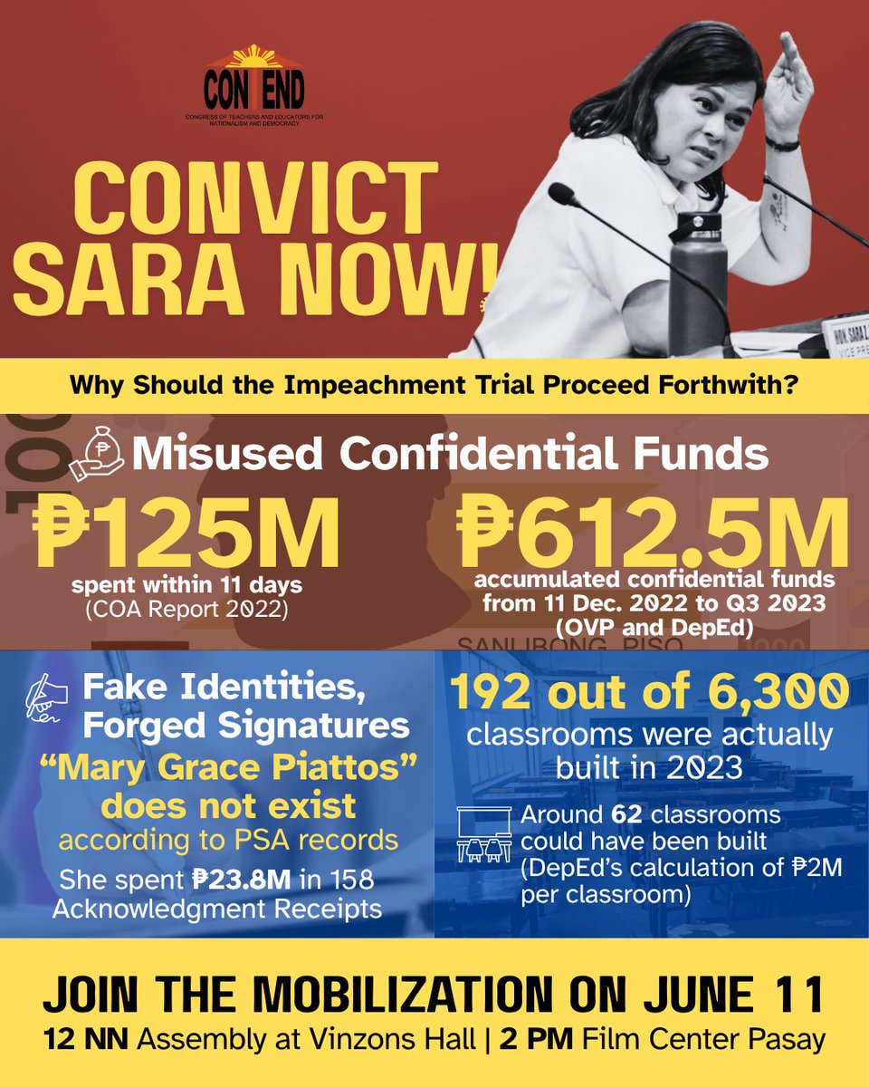 WHY SHOULD THE IMPEACHMENT TRIAL PROCEED FORTHWITH? WHY SHOULD SARA DUTERTE BE CONVICTED?

#ConvictSaraNow
#ConvictSaraDuterte
#MarcosSingilinSaraPatalsikin
#MarcosSingilinDutertePanagutin