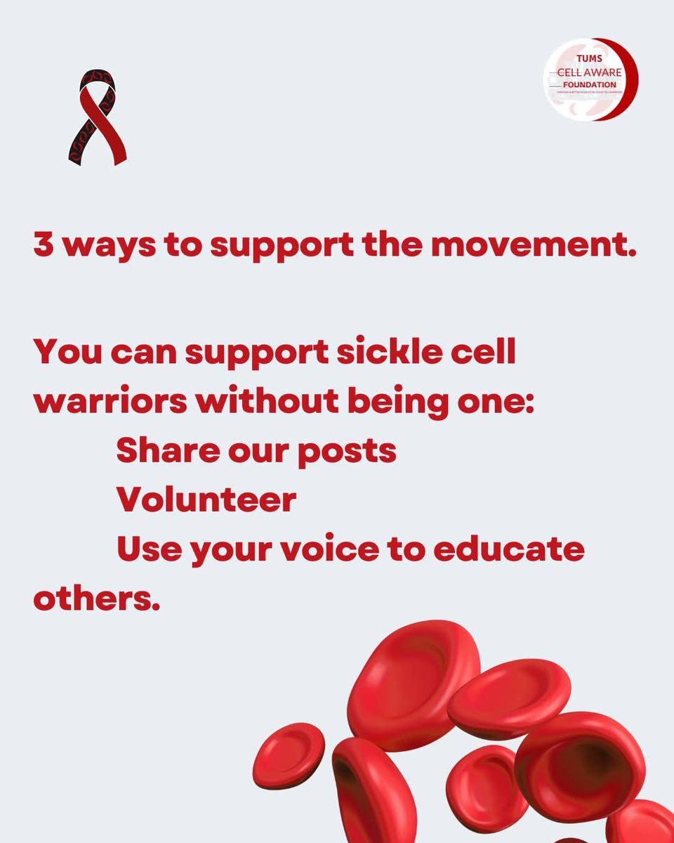 mayungbetunmise's tweet image. You can support sickle cell warriors without being one:
1️⃣ Share our posts
2️⃣ Volunteer
3️⃣ Use your voice to educate others
Every little action = a big impact.
#SupportSickleCell #BeAnAlly #TumsCellAware